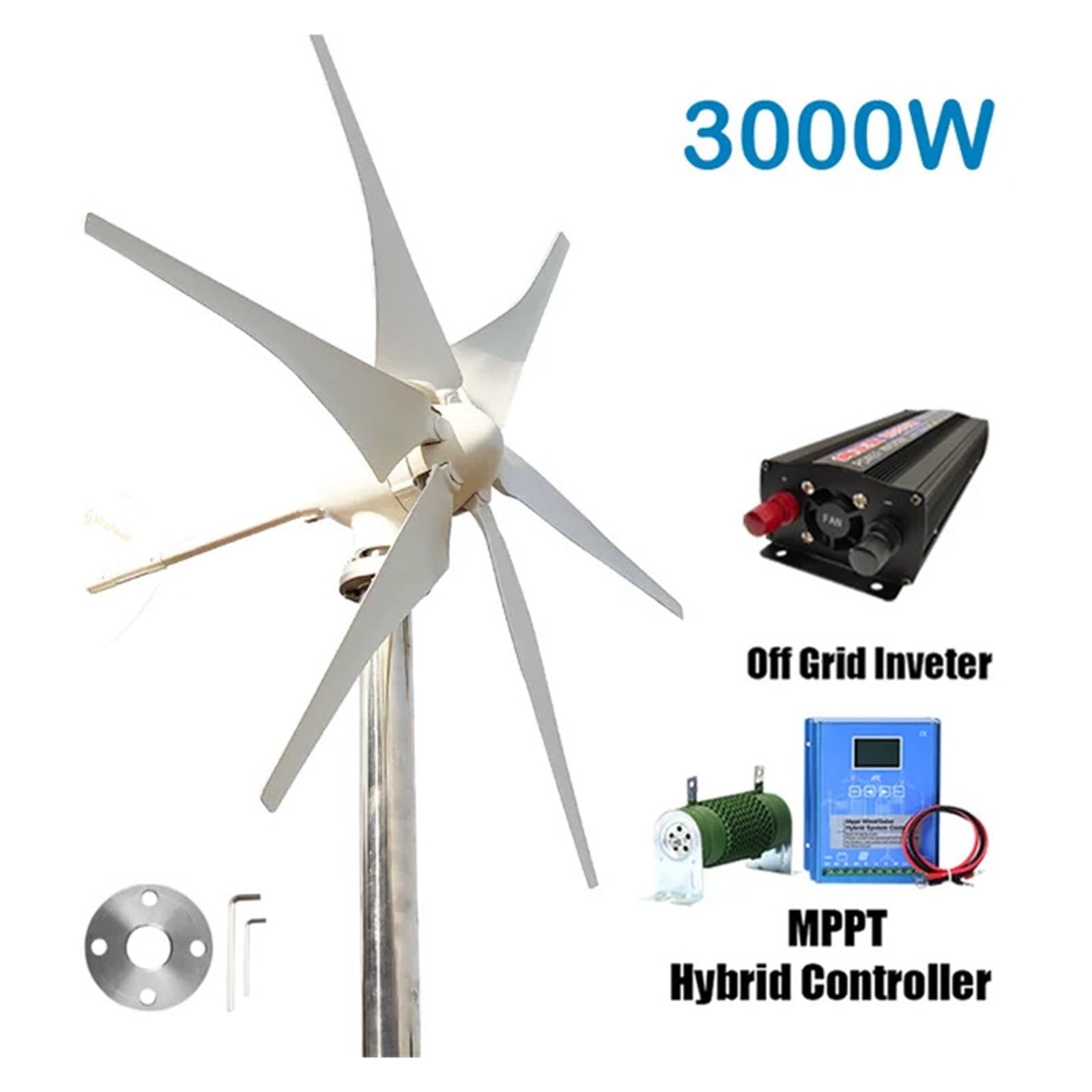3000w Turbina wiatrowa Generator 3KW Wiatrak 12V 24V 48V Sprzęt gospodarstwa domowego Generator kempingowy z kontrolerem MPPT(With Inverter System,48V)