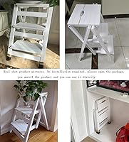 Vista 4 de Escalera plegable multifuncional, plegable de madera maciza, taburete para el hogar, multicolor, escalera plegable, color blanco, tres