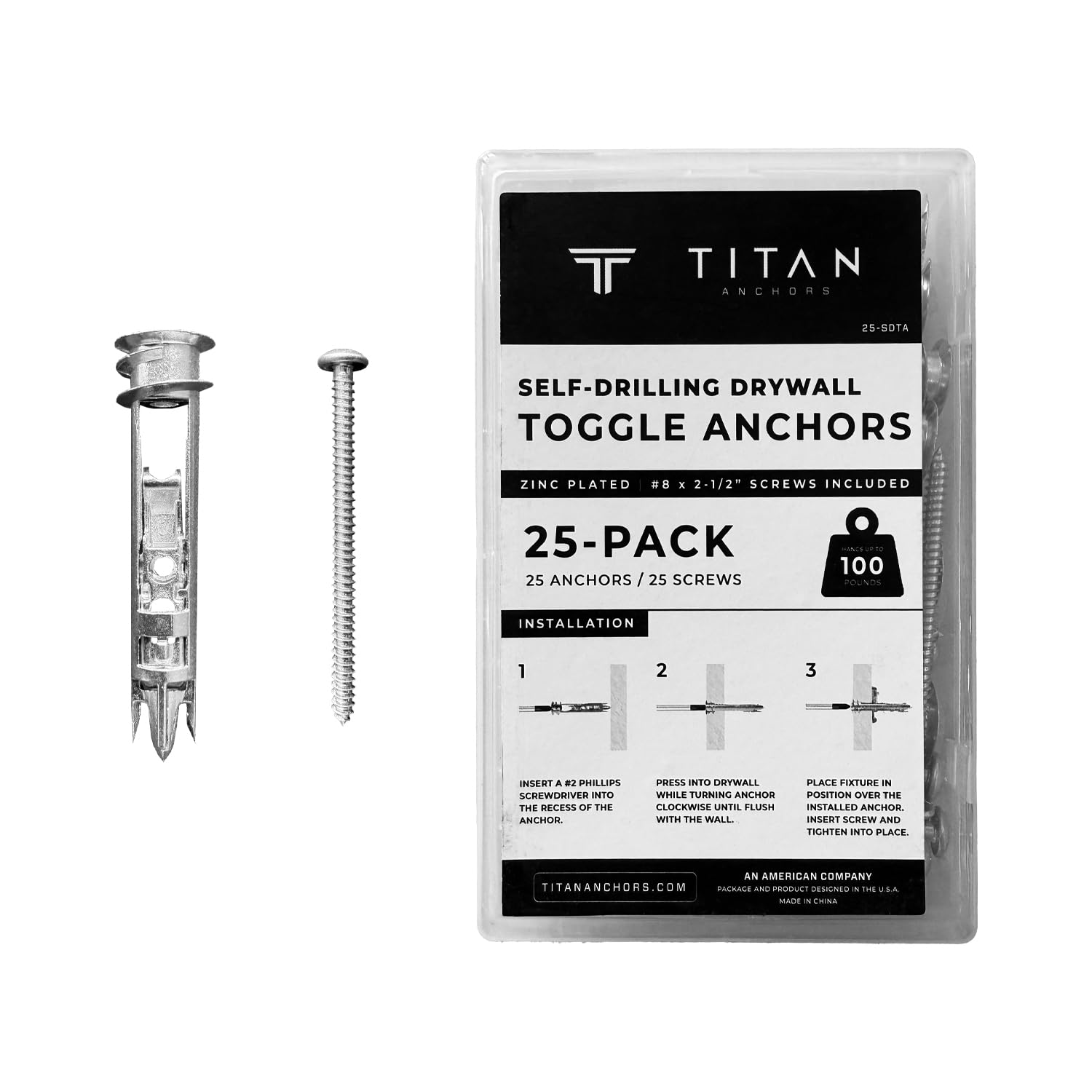 Self-Drilling Toggle Anchors with #8 x 2-1/2" Zinc Screws, 100 lb Capacity - Heavy Duty Drywall Wall Anchors | 250-Pack
