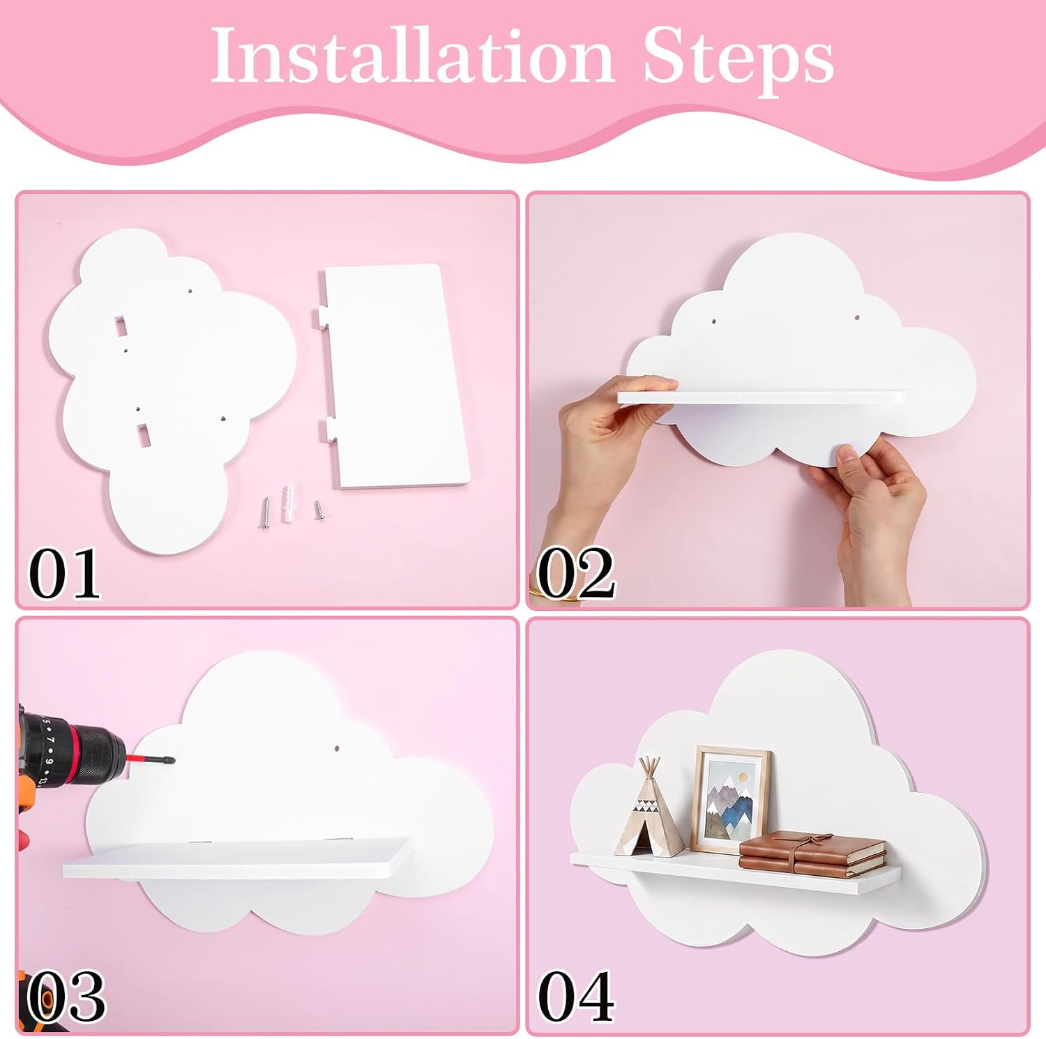 3 Pcs Floating Cloud Shelves for Wall, 3 Sizes Floating Shelves White Wavy Wooden Wall Decor for Nursery, Living Room, Bedroom, Kids Room
