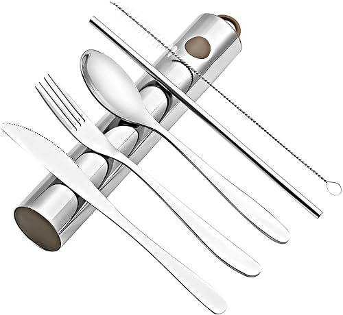 YBOBK HOME Juego de cubiertos portátiles con estuche, cuchillo de acero inoxidable, tenedor y cuchara, utensilios reutilizables, cubiertos de