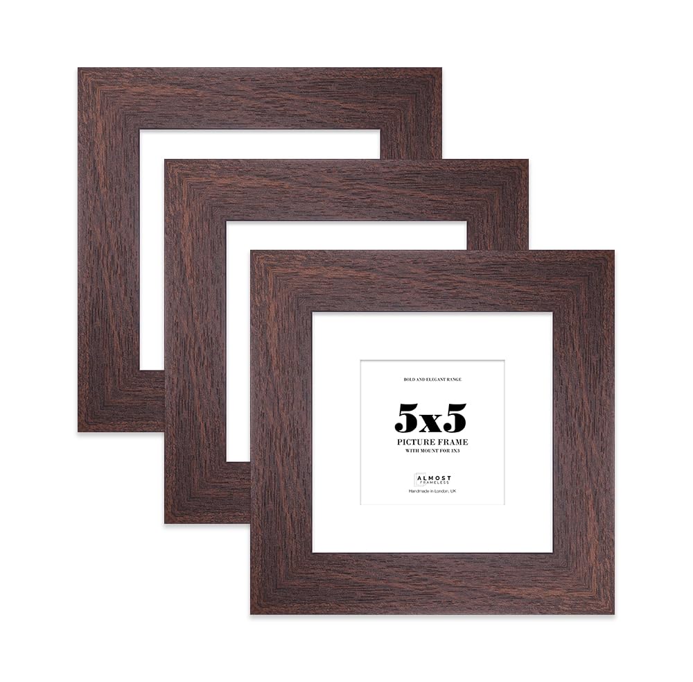 5x5" Walnut Square Frame With Mount for 3x3" Pictures 28mm Edge Frame Display with Wall Hooks and Kickstand, 3 Pack