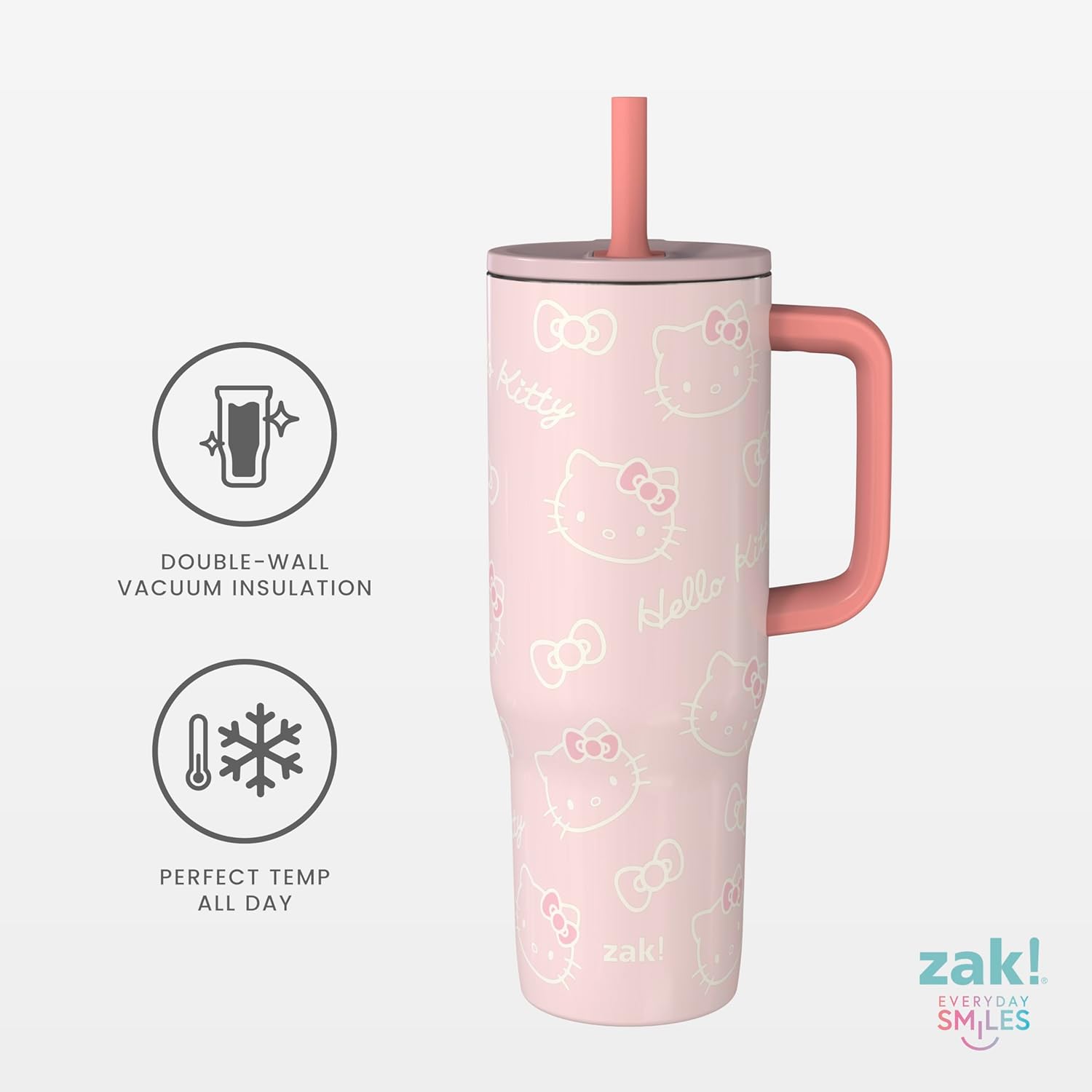 Zak Designs Sanrio Sutton Travel Tumbler for On the Go, 30oz Stainless Steel with Vacuum Insulation, Silicone Straw, and Carry Handle for Cold Drinks (Hello Kitty) - Image 3