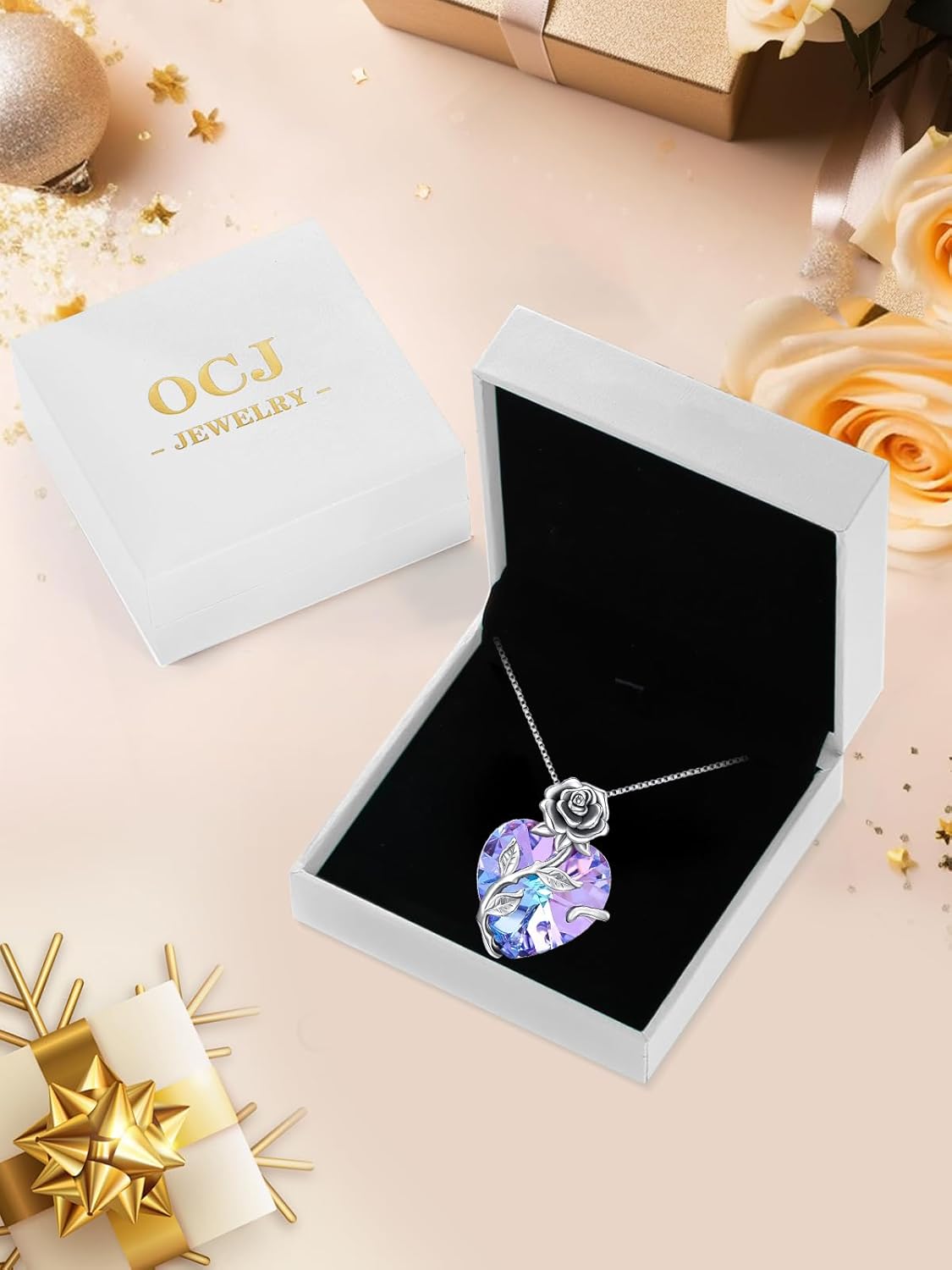 OCJ Valentines Day Gifts for Women Birthstone Necklace 925 Sterling Silver Rose Flower Heart Pendant Necklace Fine Jewelry Anniversary Valentine Birthday Gifts for Women Her Wife Girlfriend - Image 6