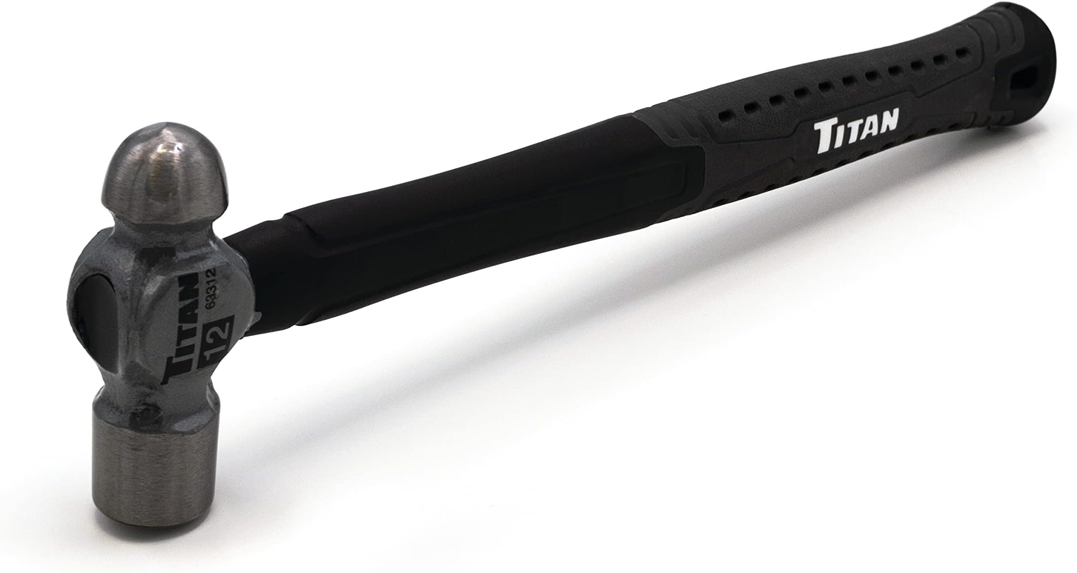Titan 63312 12oz Ball Pein Hammer, Forged Steel Head, 12" Shock Absorbing Fiberglass Handle with Textured Rubber Grip