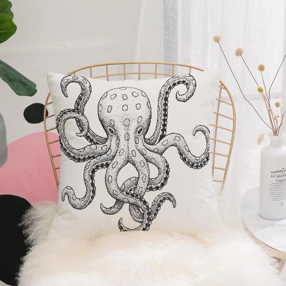HYOSXW Cushion Cover,Throw Pillow Case Home Decorative for Living Room Bedroom Sofa Chair 16X16 Inch,Octopus, Classic Drawn Ink Illustration Wild Sea Creature with Swirling T,Pillowcase 40X40cm