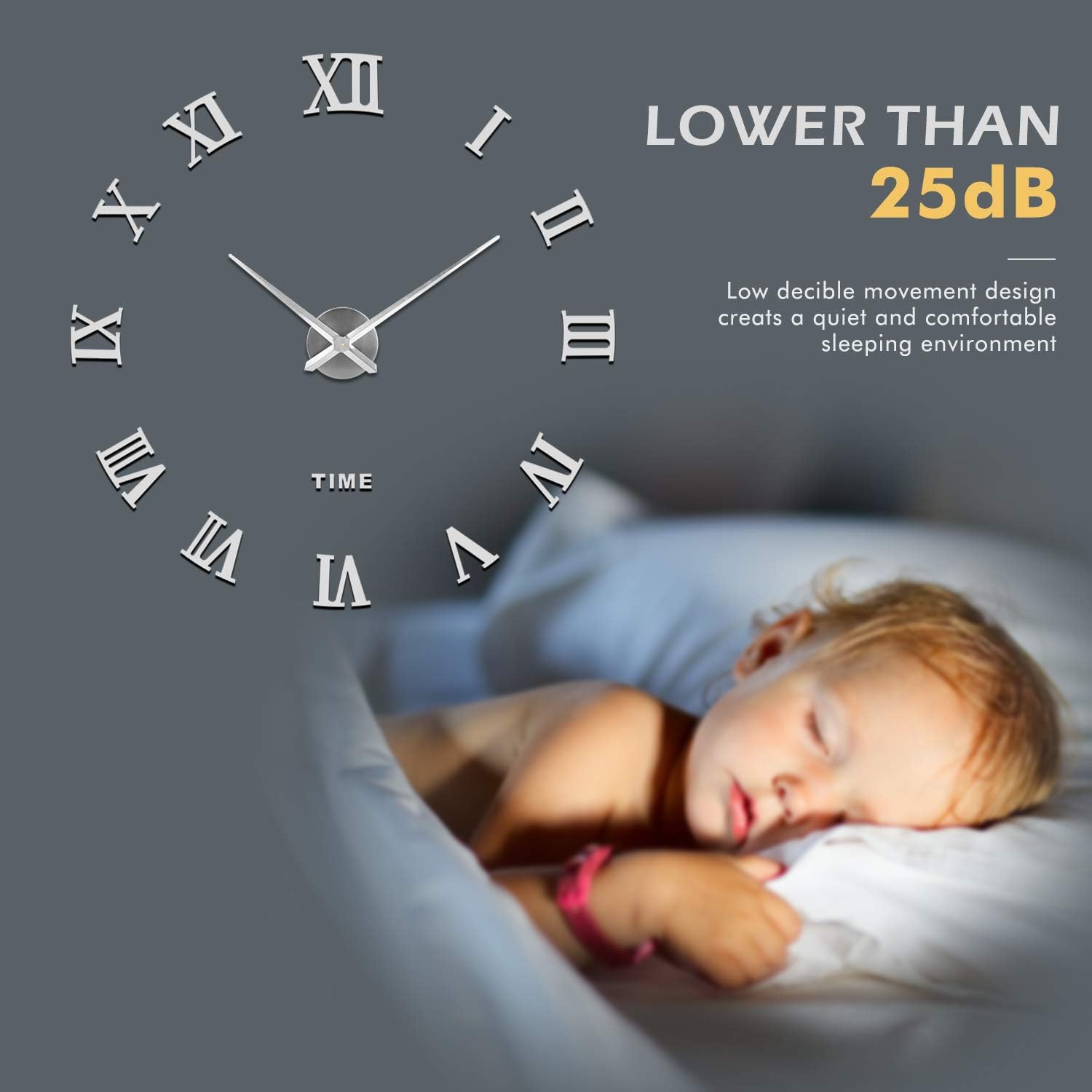 SOLEDI 3D DIY Wall Clock, Roman Numerals Clock Frameless Mirror Surface Wall Sticker Home Décor for Living Room Bedroom, Silver
