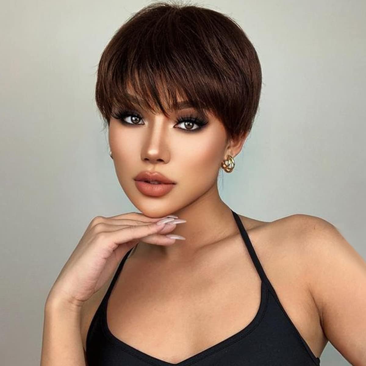 MISS LIRENN® Short Pixie Cut Cute Boy Cut Brown Wigs for Women Synthetic Hair Natural Looking With Bangs Daily Party Wigs, 150 Gram + 02 Wig Cap Free