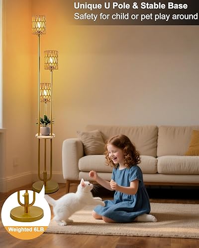 Miniatura 7 de Lightdot Lámparas de pie bohemias regulables para sala de estar, lámpara de pie de ratán de 3 luces con estantes, lámpara de pie de granja blanca