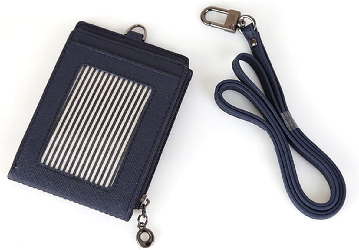 Slim Bills & Credit Card Holder Id Card Case Useful Purse with Neck Strap Wallet (Navy)