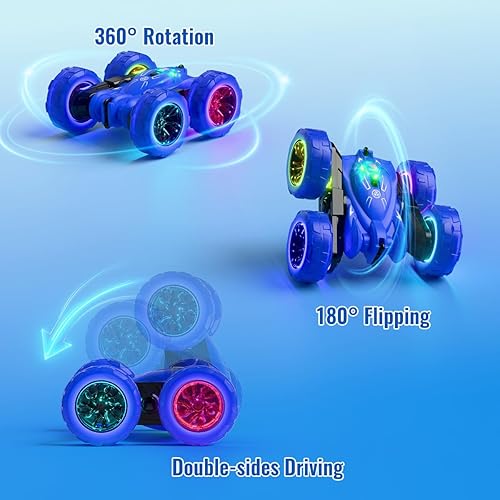 Miniatura 3 de Auto recargable a control remoto con luces coloridas, auto de acrobacias RC de doble cara para niños, carga rápida USB-C de rotación de 360,