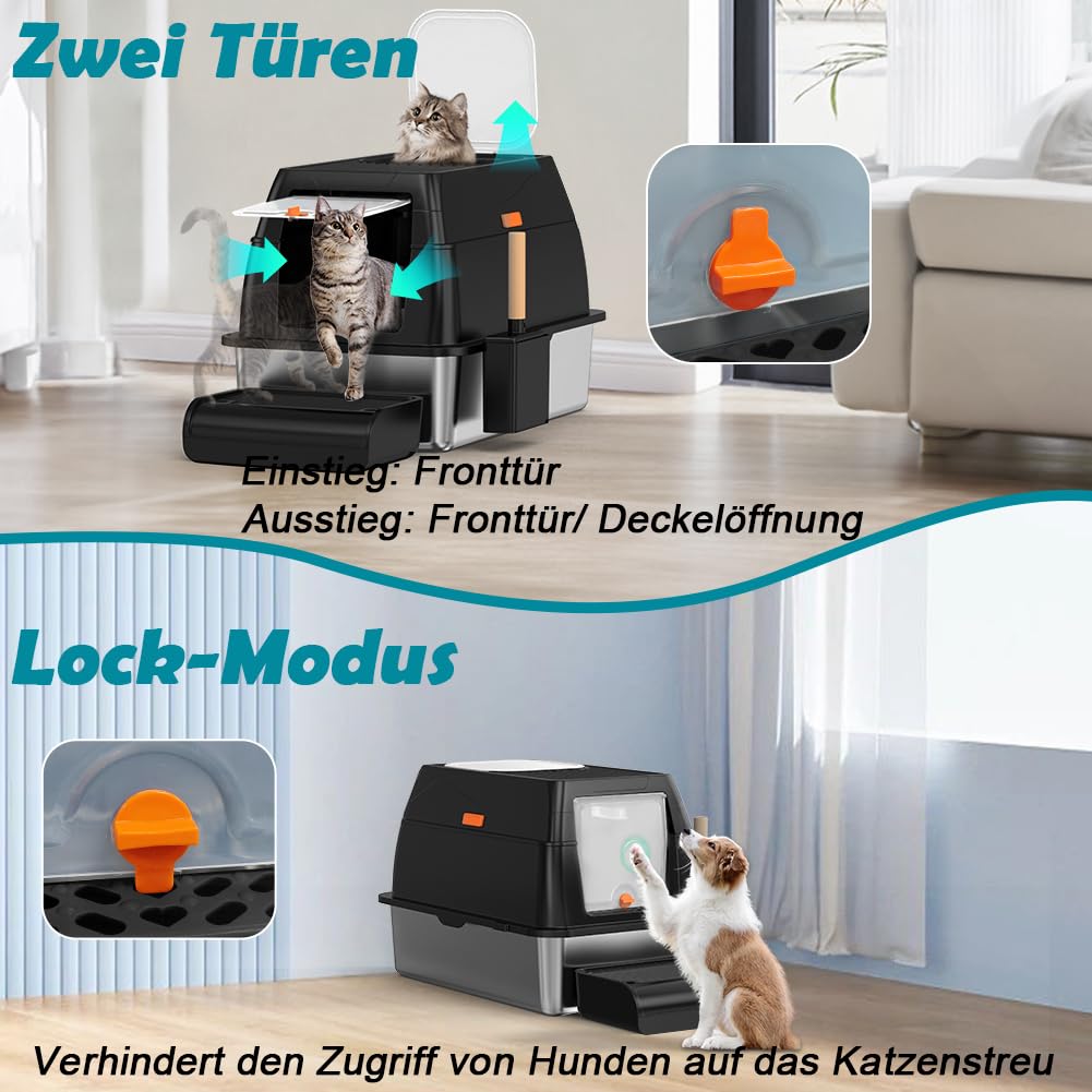 Katzenklo Edelstahl XL, Groß Edelstahl Katzentoilette mit Deckel, Stainless Steel Cat Litter Box, Geschlossen Katzen Klo, Zwei Ausgänge, Schaufel+Matte+Trettstufe- 60x 40x 39,5cm(Schwarz)