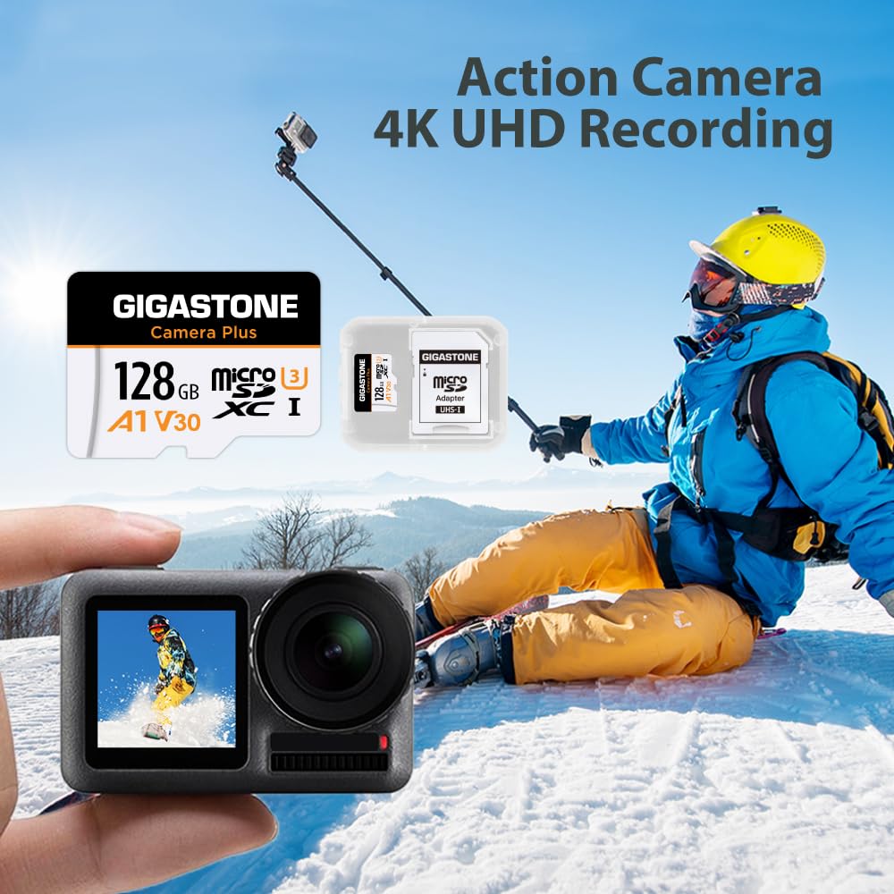 GIGASTONE 128GB Scheda Micro SD, Camera Plus, Action Camera, Sports Camera, 100MB/s, Registrazione Video 4K, Scheda di Memoria MicroSDXC UHS-I A1 V30 U3