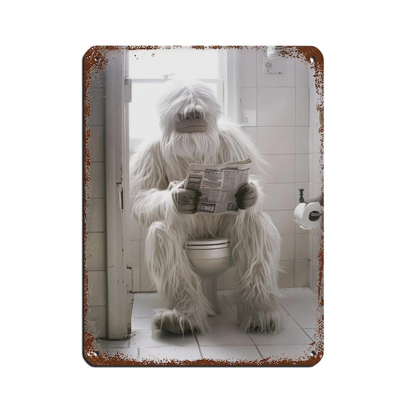 Yeti Sitting on The Toilet Reading A Newspaper Retro Poster Metal Tin Sign Chic Art Retro Iron Painting Bar People Cave Cafe Family Garage Poster Wall Decoration 12x16inch(30x40cm)