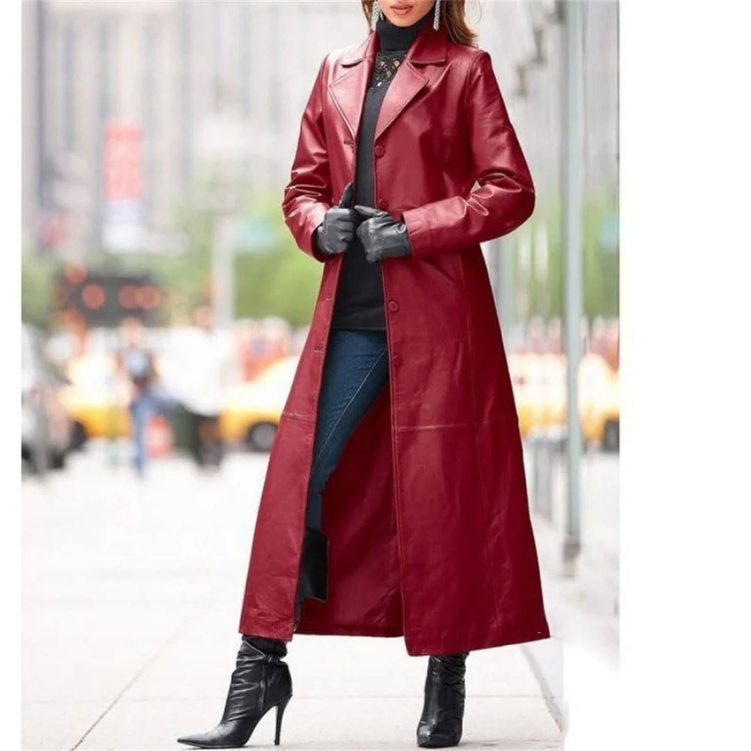 Suwequest Abrigo de cuero sin cinturón con solapa para mujer, abrigo largo, gabardina de cuero delgado, chaqueta de color sólido con solapa de moda