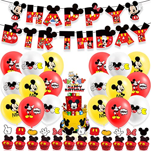Mickey Mouse Birthday Party Supplies,Mickey Mouse Decorations include Banner,Cake Topper, Balloons for Kids Baby Shower Birthday Party Supplies