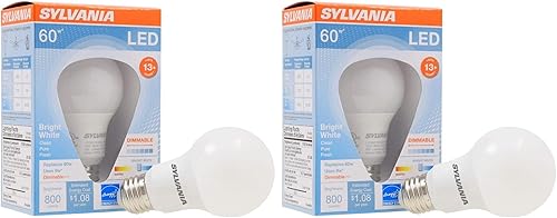 Sylvania - Bombilla LED A19, 9 W, equivalente a 60 W, 13 años, regulable, 800 lúmenes, 3500 K, blanco brillante, paquete de 2 (71185) Blanco
