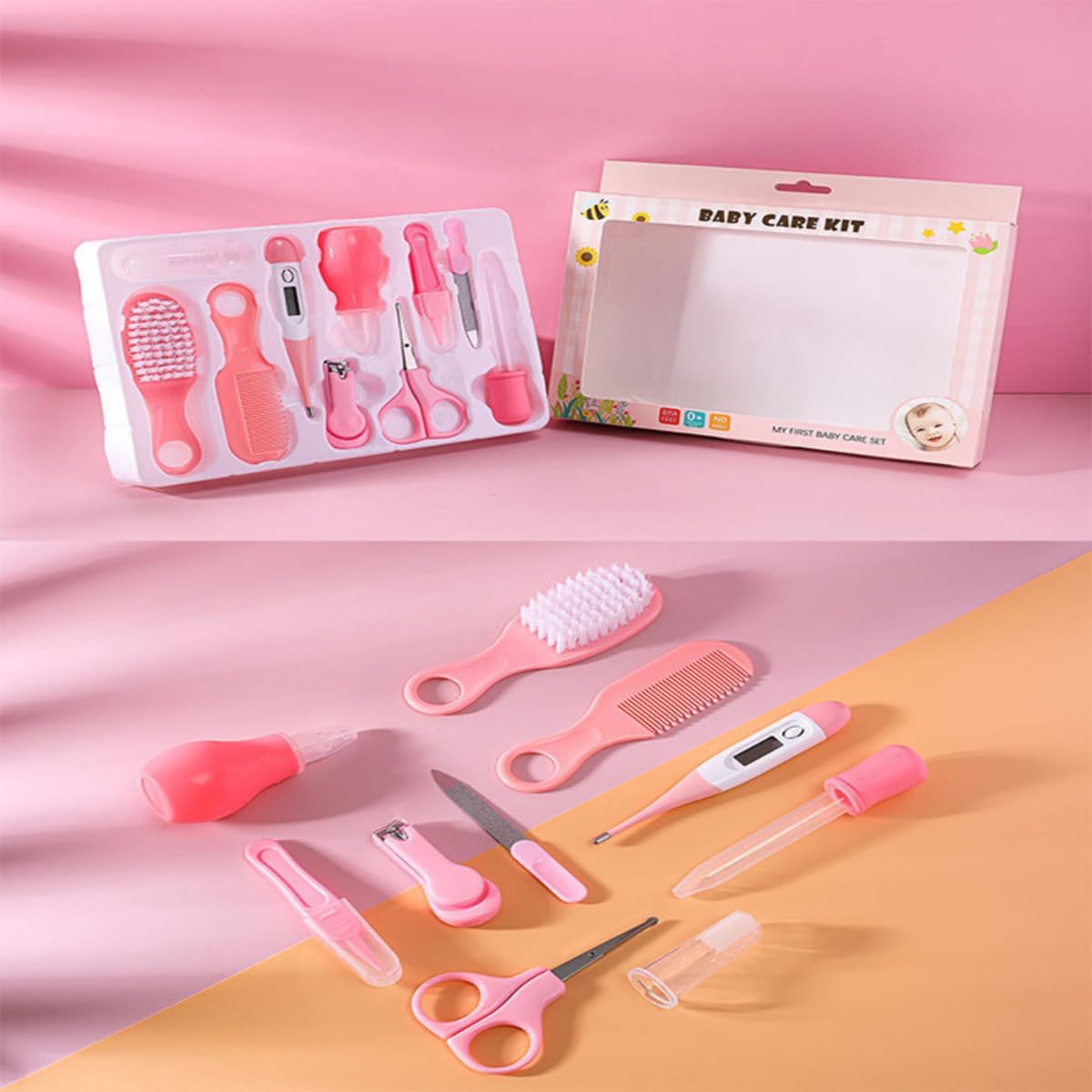 Kit Higiene Bebê Menina Cuidados Essenciais Rosa 10 Peças Lixa de Unha Cortador de Unha Escova de Cabelo Pente Termômetro Dedeira para Escovar Dente Conta-Gotas Sugador Nasal Pinça e Tesoura Kit Higiene Bebê Menina Cuidados Essenciais Rosa 10 Peças Lixa de Unha Cortador de Unha Escova de Cabelo Pente Termômetro Dedeira para Escovar Dente Conta-Gotas Sugador Nasal Pinça e Tesoura