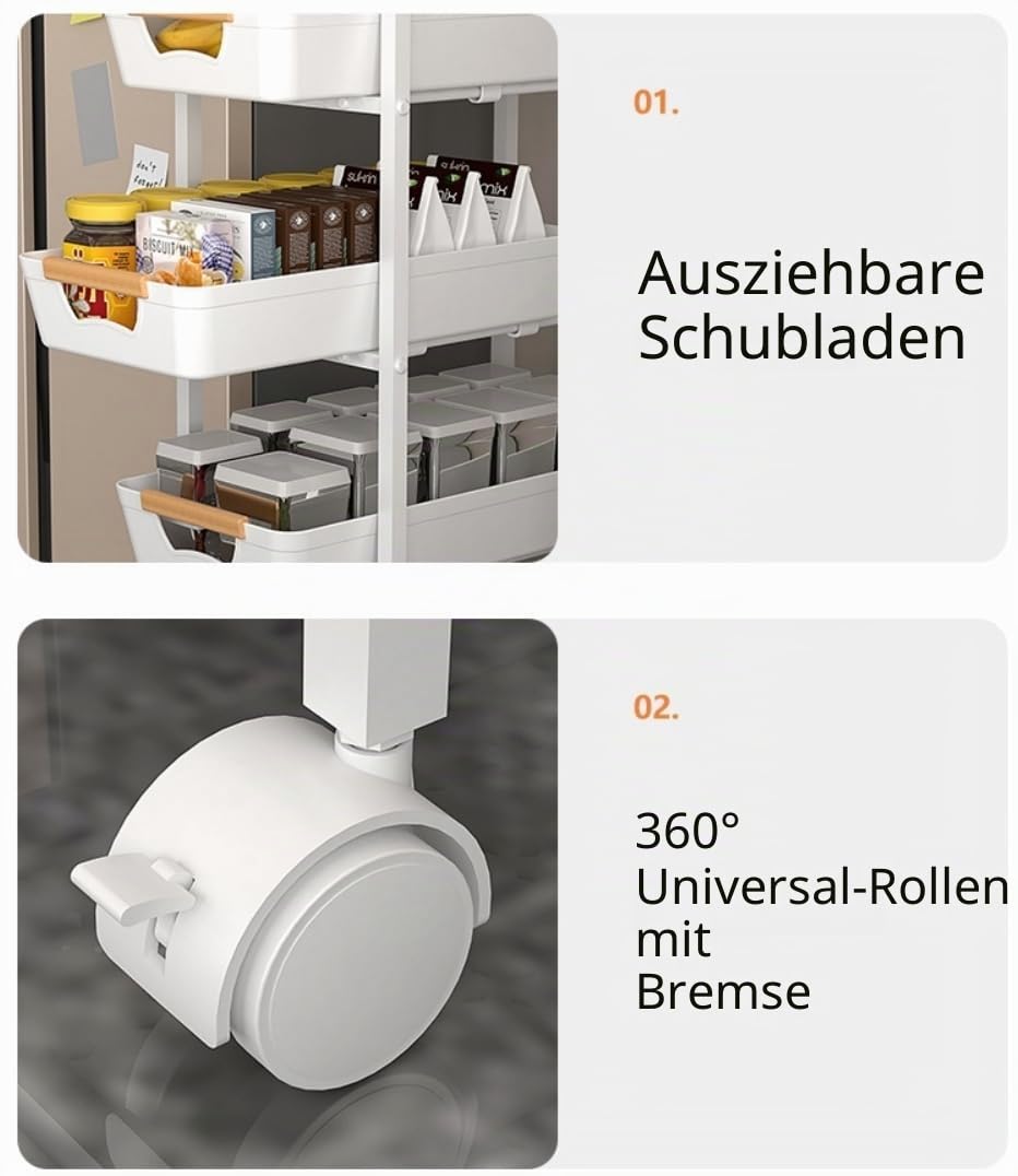 CarolynDesign 5-stöckiger Metallrahmen-Organizer, Mehrzweckwagen mit Holzplatte, multifunktionale Rollrollen, Aufbewahrung mit ausziehbaren Schubladen für Küche, Wohnzimmer, Badezimmer
