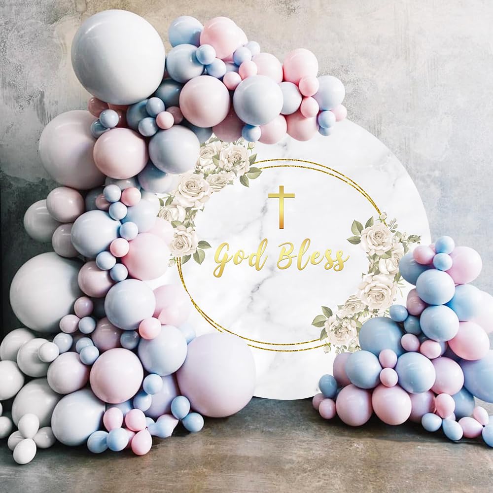 AOFOTO Rund-Hintergrund 2,1 M – God Bless Floral Design Für Taufe, Kommunion, Babyparty (gold, Rosa, Weiß)