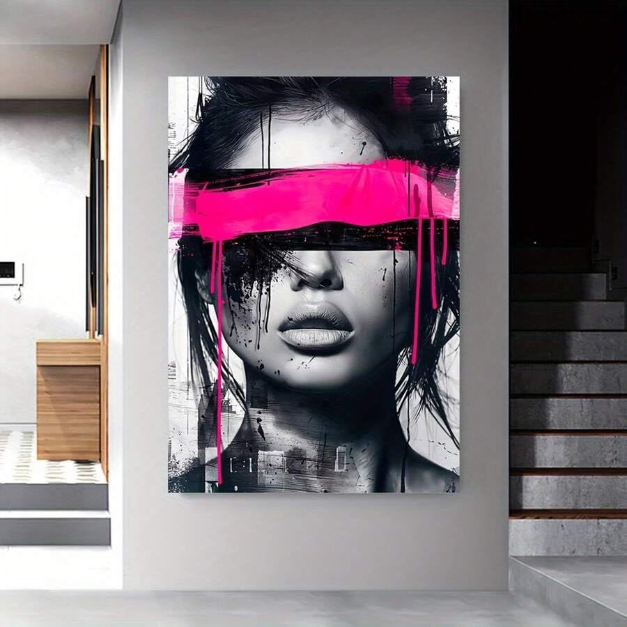 Portrait féminin abstrait moderne toile rose noire 60x80cm