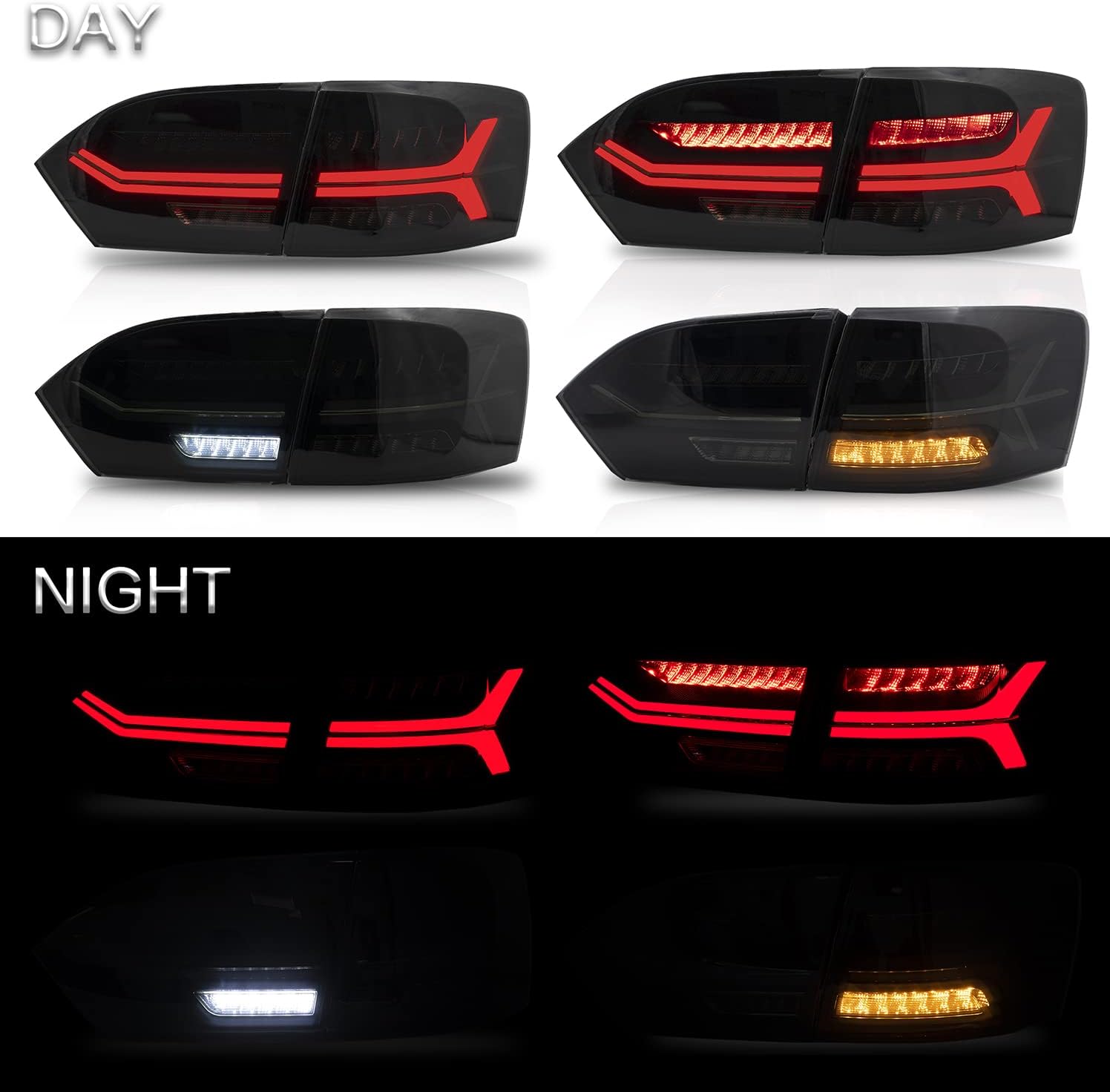 VLAND Headlights Assembly + Smoke Taillights Fit for Jetta 2012-2014, W/Dual Beam Lens DRL, LED Front & Back lamps with Sequential Indicator Halo, Plug-n-Play
