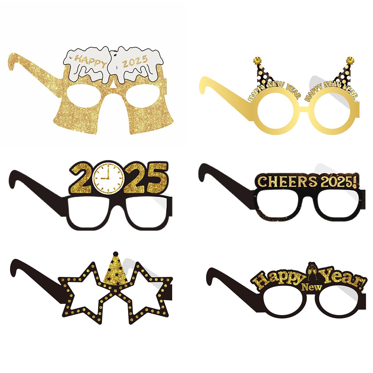 12 Pieces New Year's Eve Decoration 2025 Party Glasses Happy New Year Glasses, 2025 New Year Decoration Glitter Black Gold Paper 3D Glasses Children's Birthday Party Photo Props for New Year's Eve