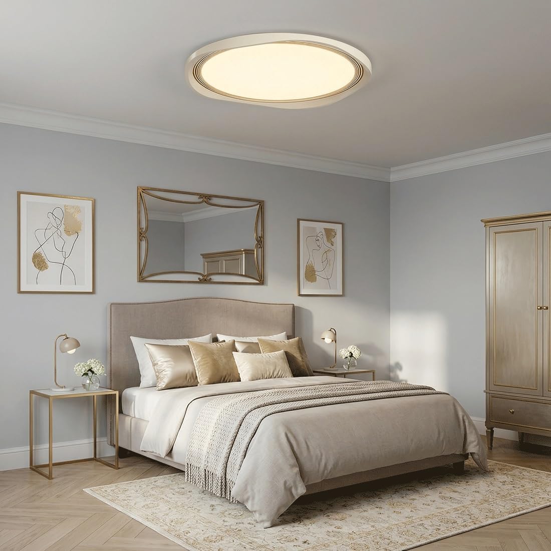 French Cream Retro Mid-Century Modern Style Ceiling Light, Creamy White & Brown, Wavy Round Shape, Acrylic Metal, Plafond, Flush Mount for Bedroom, Living Room, Kitchen(16.54In(42Cm))/16.54In(42Cm) image 2