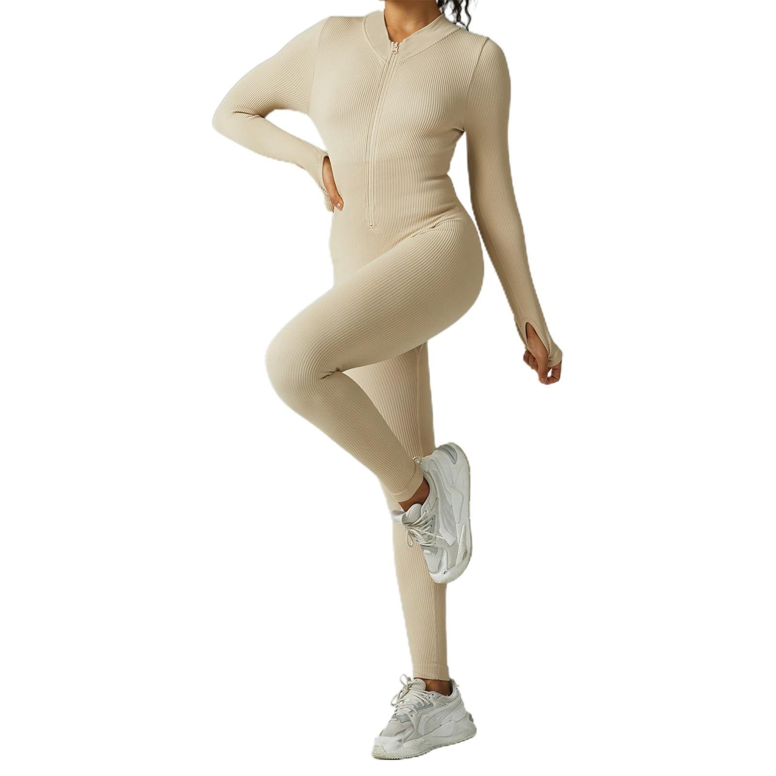 Generisch Mono deportivo para mujer, de una pieza, de manga larga, acanalado, para yoga, mono para mujer, mono atlético de una pieza con cremallera, mono de manga larga
