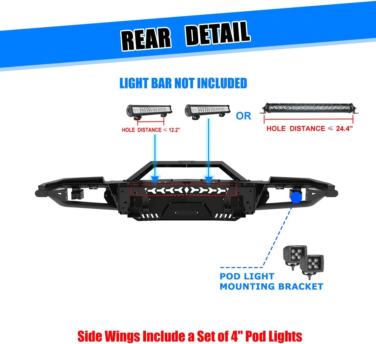 CPW Front Bumper Fit For 2014 2015 Chevy Silverado 1500, Modular Steel Mid-Width Front Bumper & Round Tube Side Wings & Bull Bar w/D-Ring Shackles & 4'' Pod Lights & Light Bar/Pod Light Bracket