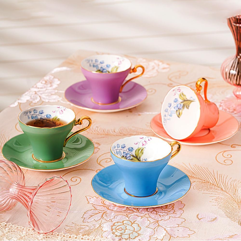 Filiżanka do kawy ze spodkiem - Zestaw filiżanek i spodków do herbaty z porcelany kostnej, 2 sztuki, dla kobiet i na spotkania herbaciane