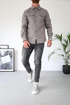 Men's Button Down Shirt Jacket, Casual Brushed Shirt Slim-Fit Long-Sleeve Work Coat Button Down Overshirt for Men