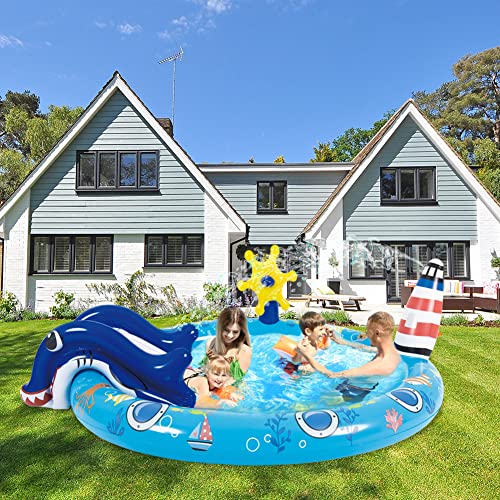 Inflatable Play Center Marine Life Spray Pool With Slide Swimming Pool For Kids Toddler Summer Garden Backyard Park Water Slide Splash Toy, 80" X 60"X25" #TOP5