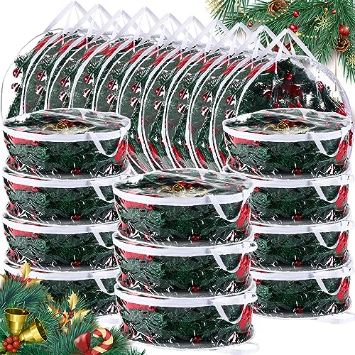Zhengmy 15 Pcs 24 Inch Christmas Wreath Storage Bags Transparent Wreath Storage Container Bulk Wreaths Box with Dual Zippers and Handles for Xmas Holiday Wreaths Garland