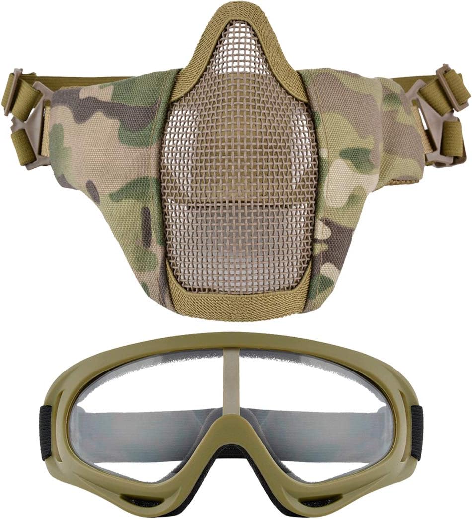 Fansport Airsoft Mask Tactical Goggles Set, Lower Half Face Mesh Masks Foldable Steel mesh mask Airsoft Protective Mask with Goggles Set for Hunting, Shooting, Paintball (Yellow) : Sports & Outdoors