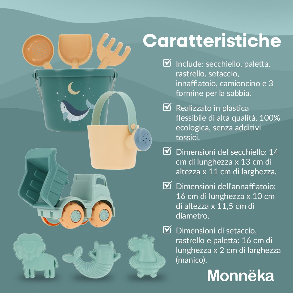 Set Giocattoli Spiaggia Bambini | Secchiello, Palette, Rastrello, Annaffiatoio, Camion | Giochi Mare Bambini 1 Anno, 2 Anni | Ecologico Senza BPA | Borsa Spiaggia | Whale Teal