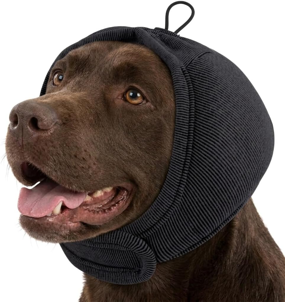 AOFITEE Dog Ear Muffs Noise Protection, Thick Padded Dog Calming Hoodie, Adjustable Soft Anxiety Relief Ear Warp for Dogs, No Shake Pet Head Cover for Thunder, Firework, Grooming, Hematoma, Grey L