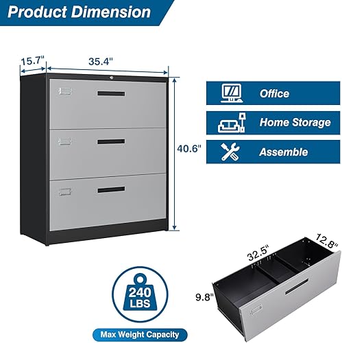 Miniatura 3 de Archivador de 3 cajones, archivadores laterales para oficina en casa, cajones de almacenamiento de oficina con cerradura, archivos colgantes tamaño