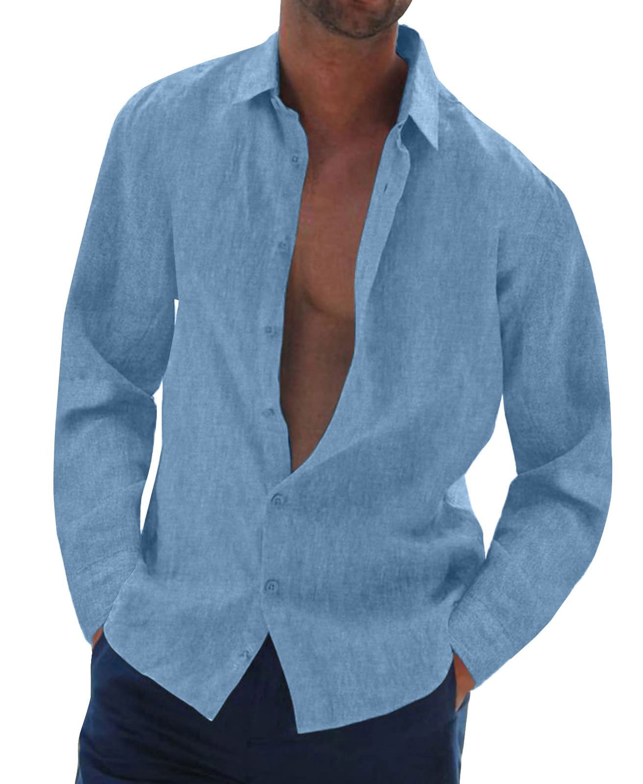 Halfword Camisa Lino Hombre Manga Larga Casual Coton Botones Camisa Verano Suelta Playa Boda Shirt