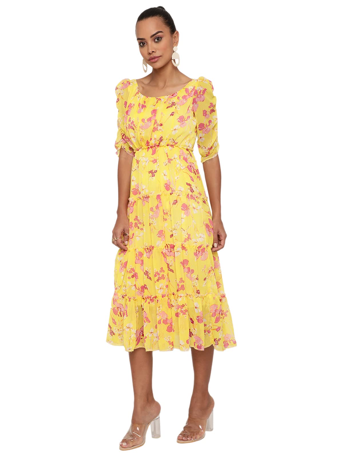 Sugathari Women's Yellow Chiffon Solid Floral Sweetheart Neck A-Line Dress For Women (Dress2 60 Yellow Xl)