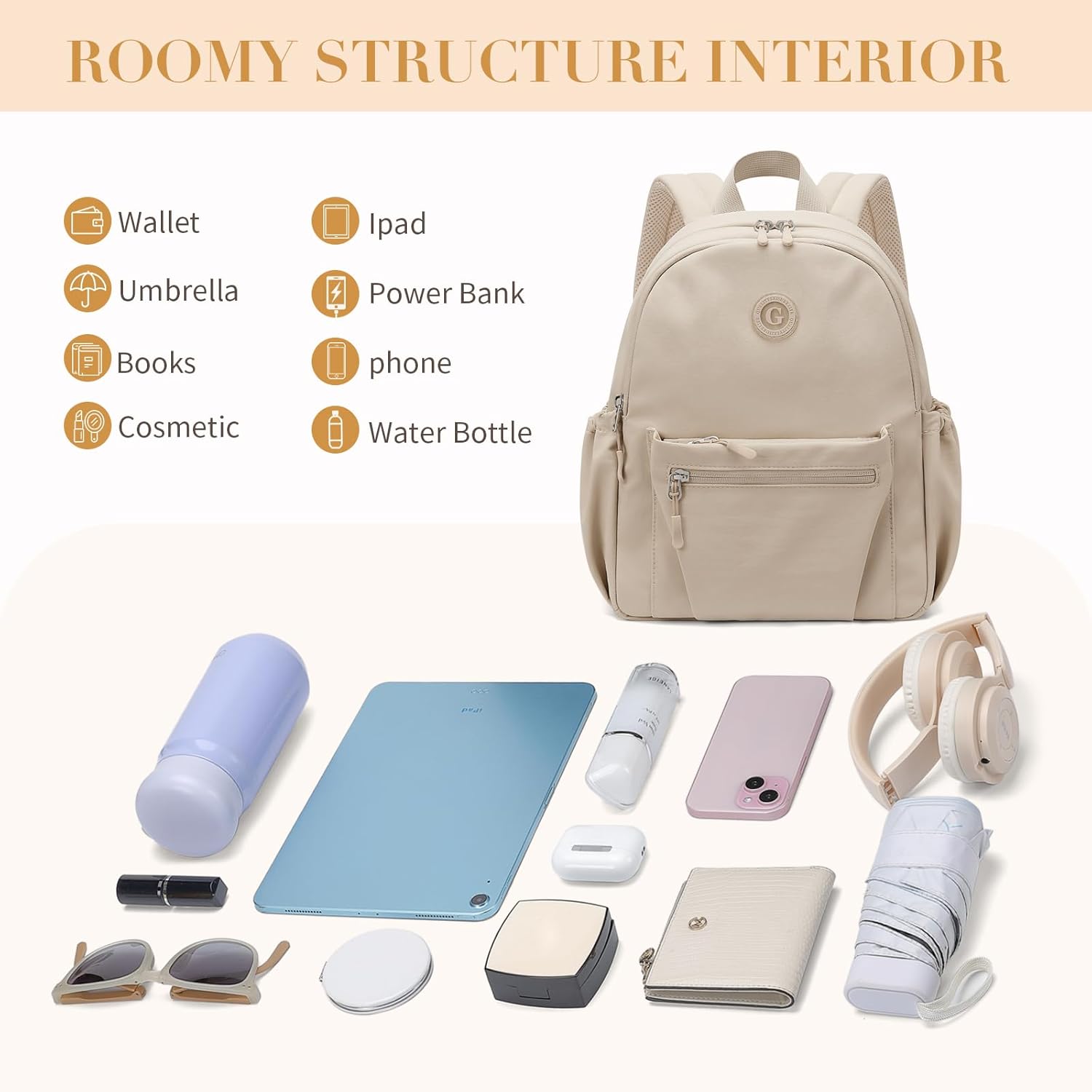 GOLF SUPAGS 10L Mini Backpack Lightweight Nylon Daypack for Women, Small City Pack, Versatile Ladies Backpack for Shopping & Travel, Apricot - Image 4