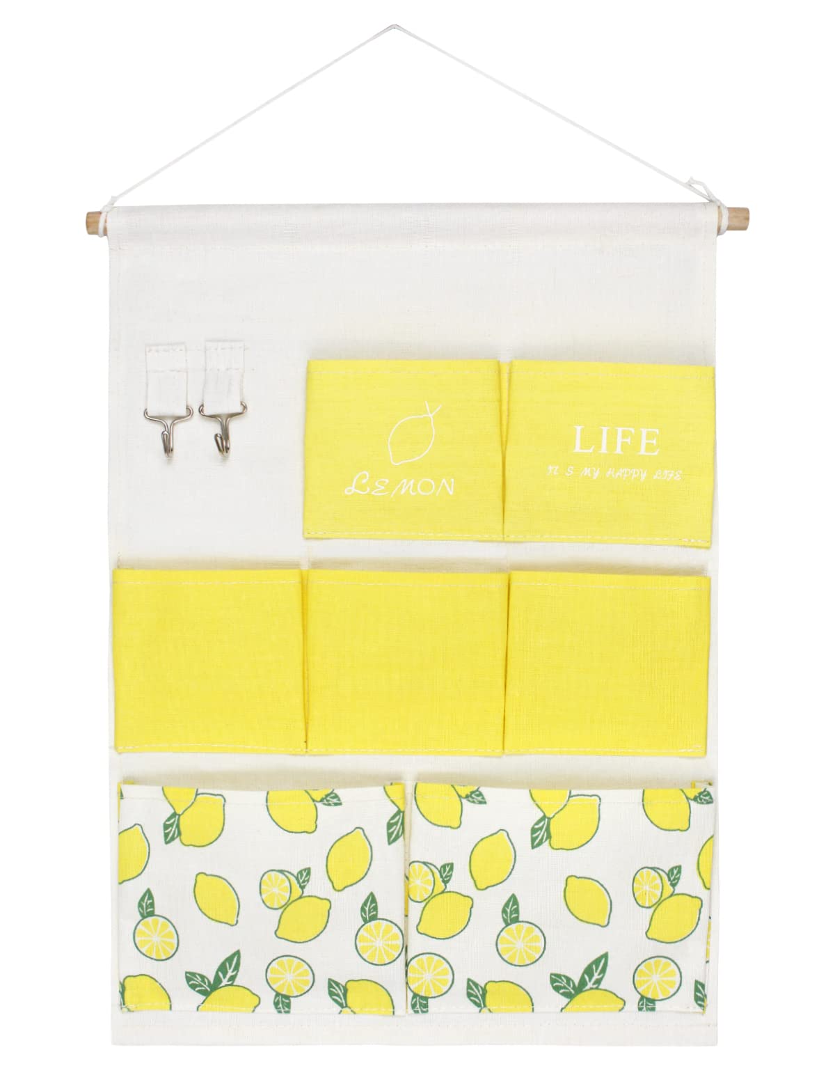 KINGREEHanging Storage Bag with 7 Pockets and 2 Pothook, Waterproof Wall Door Organizer for Bedroom Bathroom Closet(Lemons)