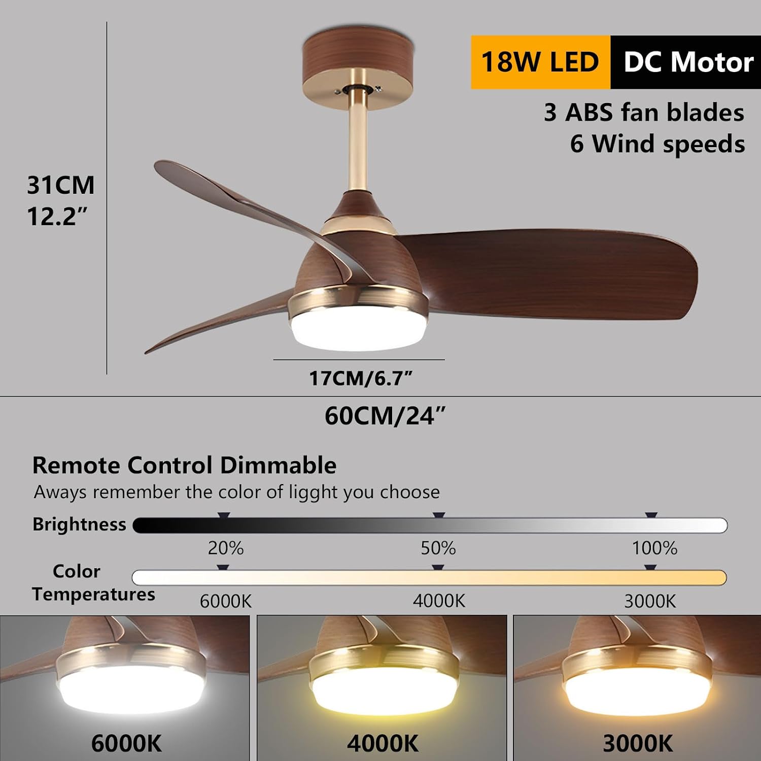 24" Ceiling Fans with Lights and Remote Dimmable 18W LED Ceiling Fan Light 6 Wind Speeds Quiet Ceiling Fan Modern Smart Ceiling Fan 3 ABS Blades for Bedroom Restaurant Hotel
