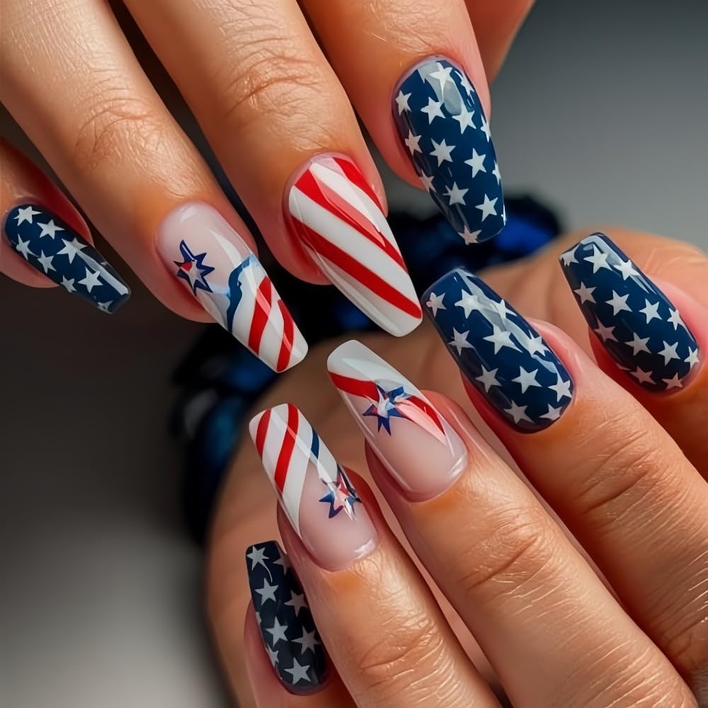 24Pcs 4th of July Press on Nails Medium Square Independence Day Fake Nails with Red Blue Star French Tip Design Red Blue Star Glue on False Nail