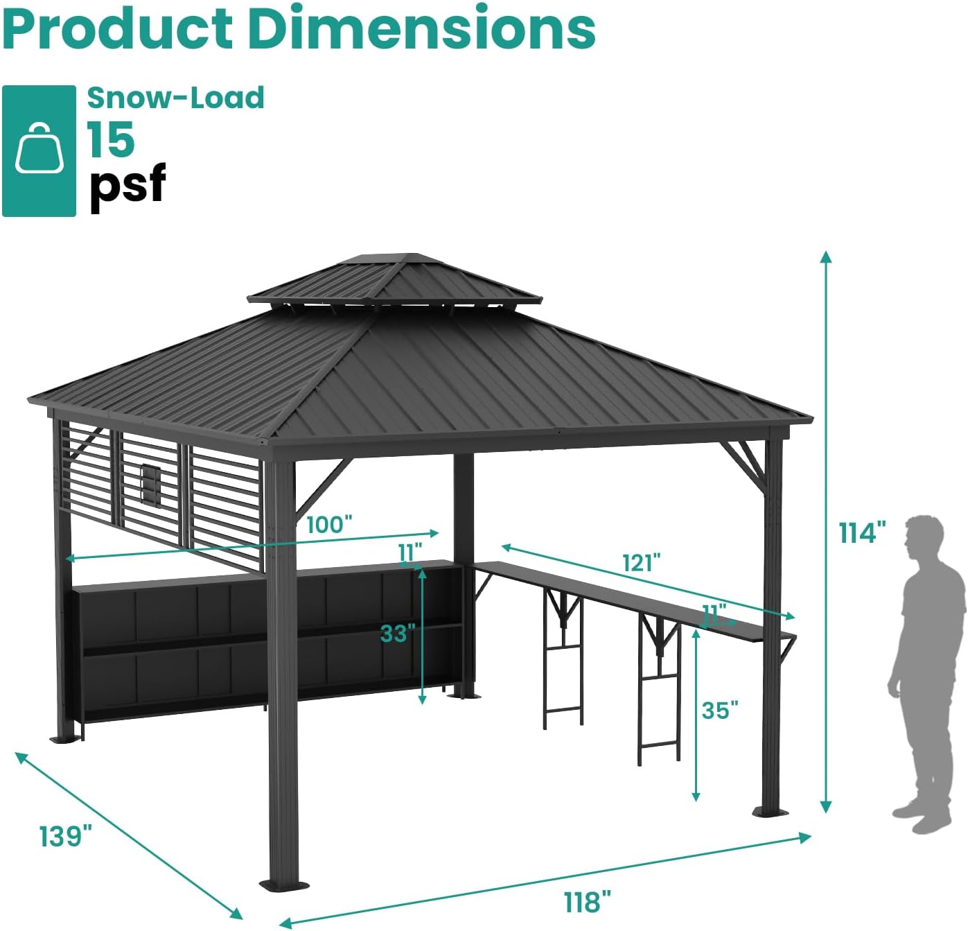 SUNBURY 10x12 ft Hardtop Gazebo with Bar Counter & Storage, Aluminum Frame Outdoor Patio Gazebo with Double Galvanized Steel Roof, Backyard Gazebo with TV Stand Base for BBQ, Garden, Lawn