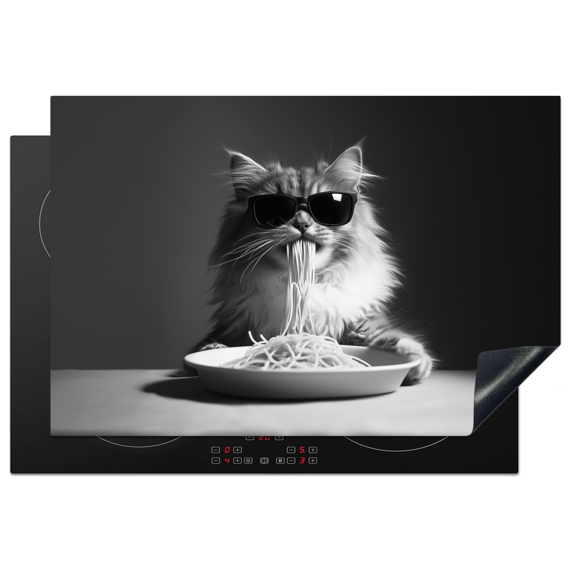 KitchenYeah© Induction Hob Protector Mat 20.1"x30.3" / 77x51 cm Cooker Top Protectors Cover Ceramic Covers Electric Hobs Vinyl Longhaired Cat - Sunglasses - Spaghetti - Humour - Black