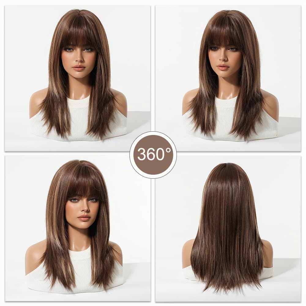 Esmee Pelucas Largo Liso Marrón con Mechas para Mujeres Pelo Sintético Natural Peluca para Uso Diario y de Fiesta