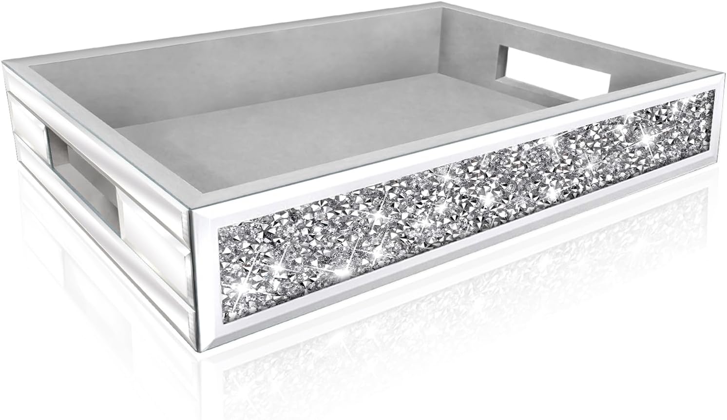 Wocred Mirror Perfume Tray fits Dresser Bedroom,Crushed Diamond Bathroom Tray with Handles，Vanity Tray,Decorative Serving Tray for Coffee Table Decor(14”x 10”x 2.5”)