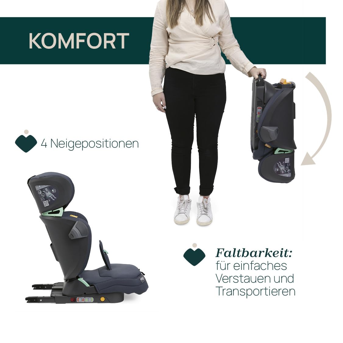 Chicco Fold&Go I-Size Kindersitz 15-36 kg mit ISOFIX Konnektoren, Gruppe 2/3 für Kinder von 3-12 Jahren, faltbar und klappbar, Seitenschutz, Höhe und Breite verstellbar, India Ink
