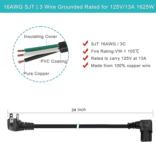 Miniatura 3 de Paquete de 2 Cable de alimentación para computadora de 90 grados, enchufe plano de perfil bajo de 2 pies a cable de alimentación IEC C13 en ángulo